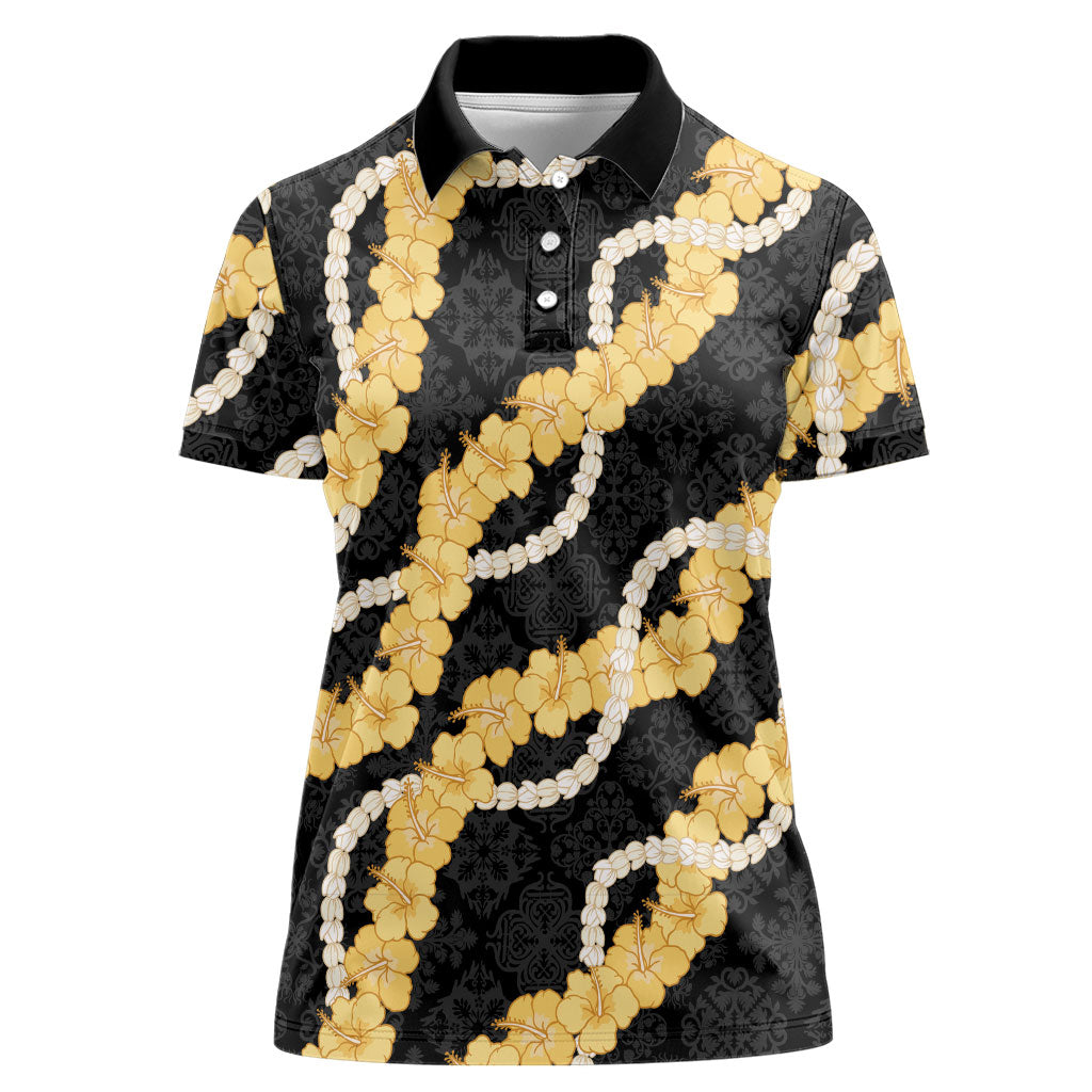 Aloha Melemele Hibiscus Pikake Lei Women Polo Shirt Hawaiian Quilt Pattern LT9 Female Black - Polynesian Pride