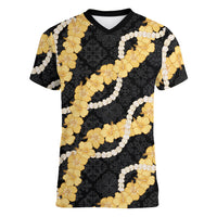 Aloha Melemele Hibiscus Pikake Lei Women V-Neck T-Shirt Hawaiian Quilt Pattern LT9 Female Black - Polynesian Pride