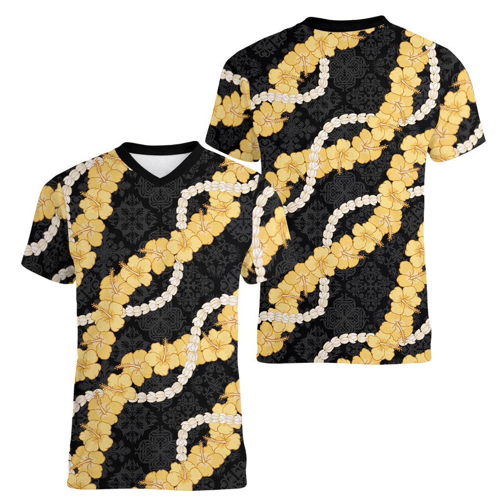 Aloha Melemele Hibiscus Pikake Lei Women V-Neck T-Shirt Hawaiian Quilt Pattern LT9 - Polynesian Pride