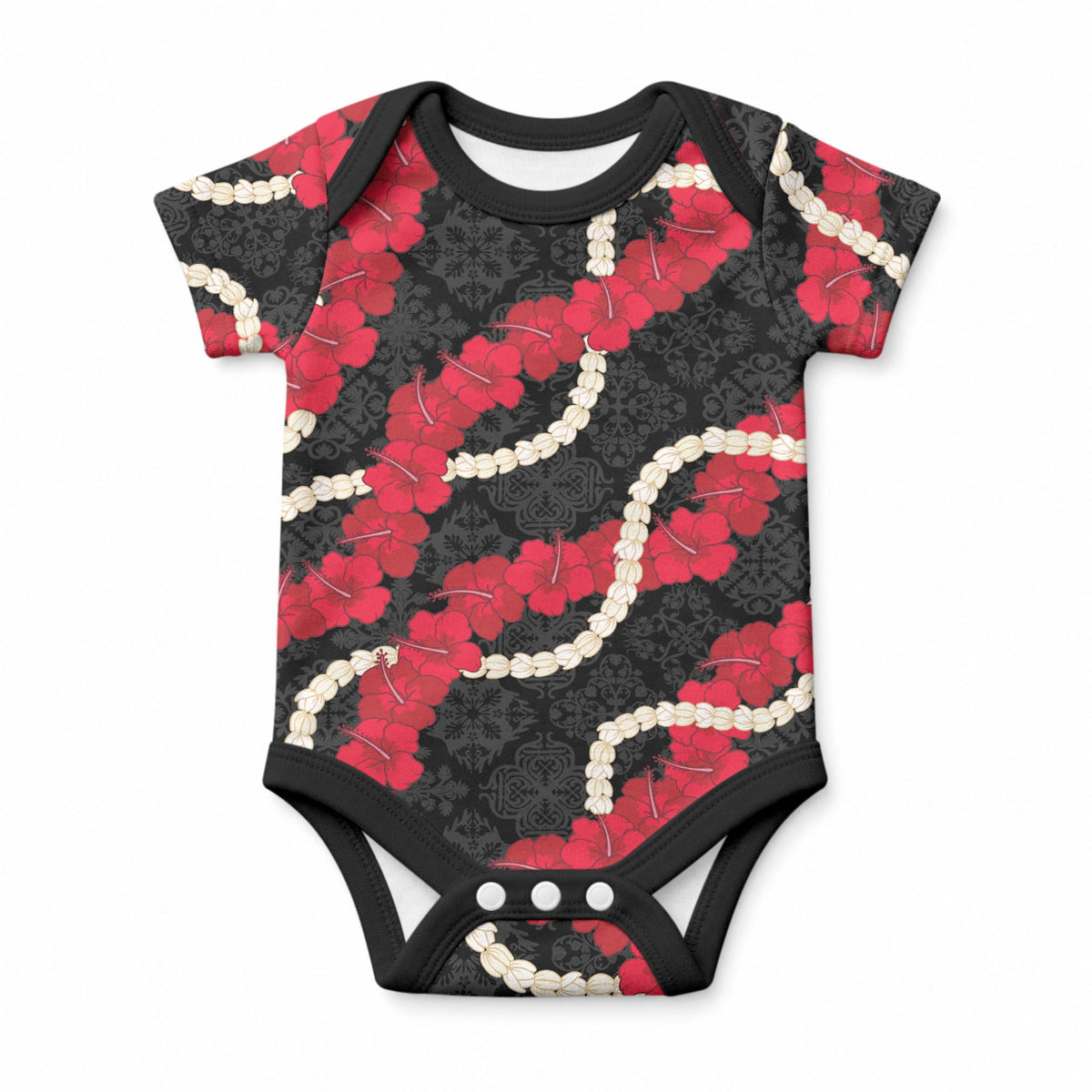 Aloha Ula'ula Hibiscus Pikake Lei Baby Onesie Hawaiian Quilt Pattern LT9 Black - Polynesian Pride