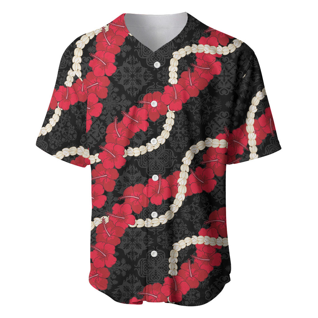 Aloha Ula'ula Hibiscus Pikake Lei Baseball Jersey Hawaiian Quilt Pattern LT9 Black - Polynesian Pride