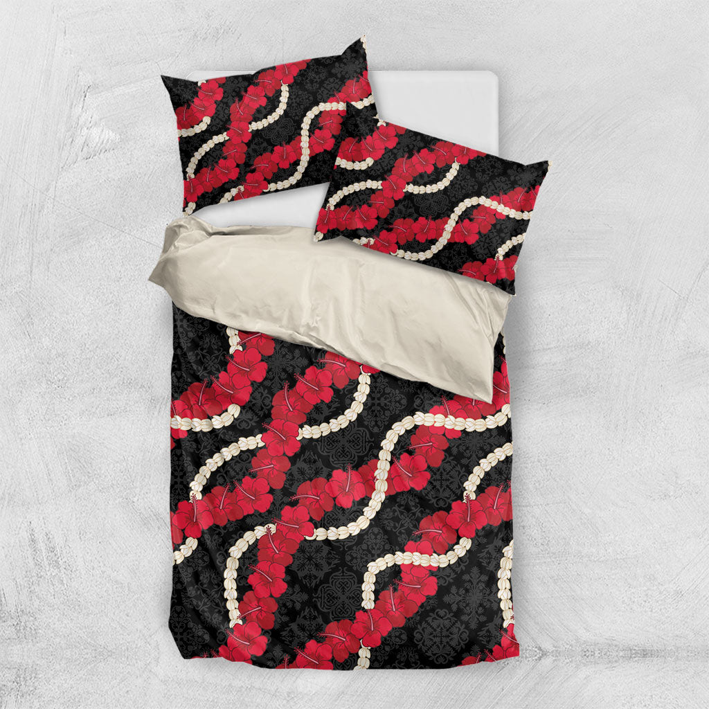 Aloha Ula'ula Hibiscus Pikake Lei Bedding Set Hawaiian Quilt Pattern LT9 US Twin 172cm x 218cm Black - Polynesian Pride