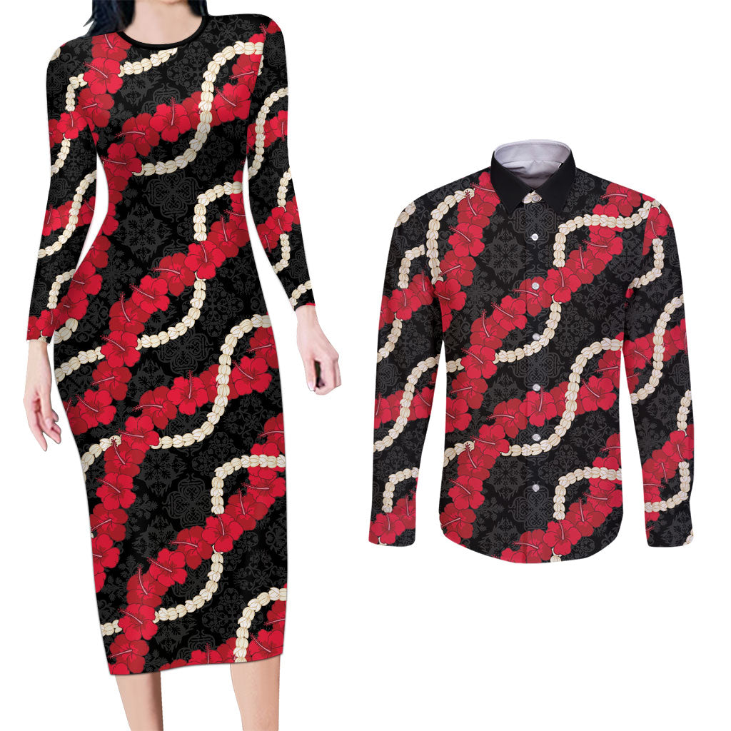 Aloha Ula'ula Hibiscus Pikake Lei Couples Matching Long Sleeve Bodycon Dress and Long Sleeve Button Shirt Hawaiian Quilt Pattern