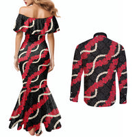 Aloha Ula'ula Hibiscus Pikake Lei Couples Matching Mermaid Dress and Long Sleeve Button Shirt Hawaiian Quilt Pattern LT9 - Polynesian Pride
