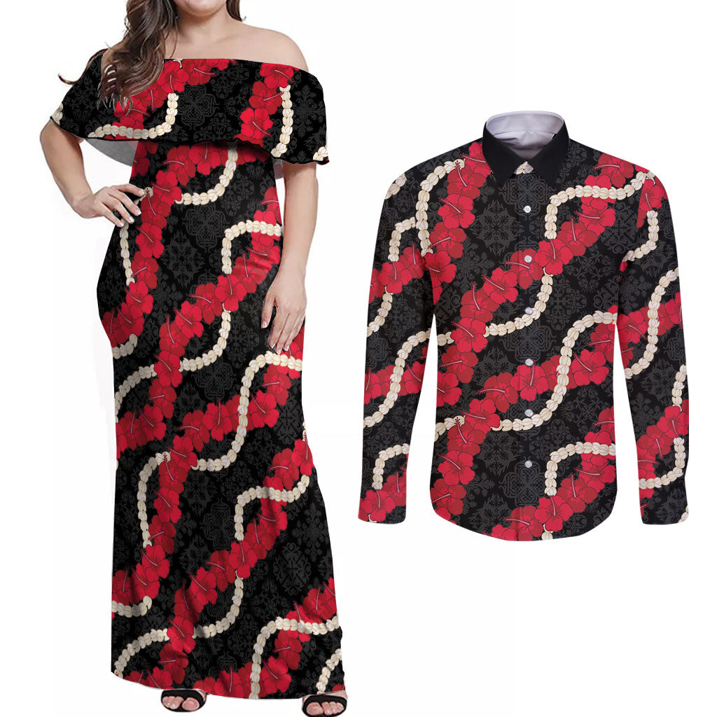 Aloha Ula'ula Hibiscus Pikake Lei Couples Matching Off Shoulder Maxi Dress and Long Sleeve Button Shirt Hawaiian Quilt Pattern