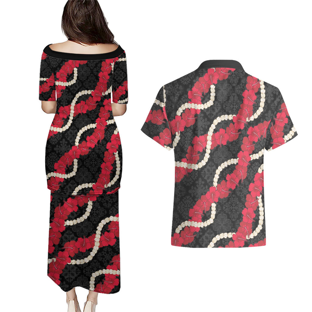 Aloha Ula'ula Hibiscus Pikake Lei Couples Matching Puletasi and Hawaiian Shirt Hawaiian Quilt Pattern LT9 - Polynesian Pride