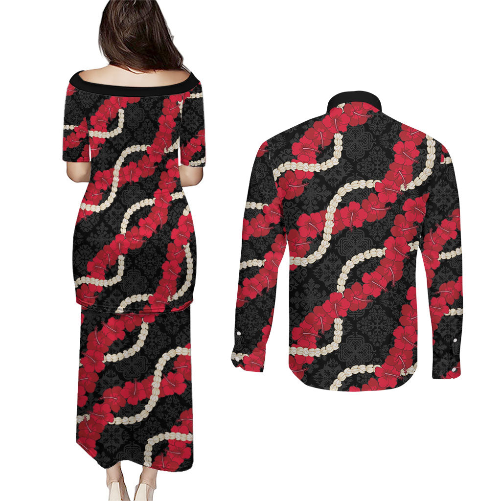 Aloha Ula'ula Hibiscus Pikake Lei Couples Matching Puletasi and Long Sleeve Button Shirt Hawaiian Quilt Pattern