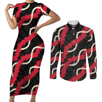 Aloha Ula'ula Hibiscus Pikake Lei Couples Matching Short Sleeve Bodycon Dress and Long Sleeve Button Shirt Hawaiian Quilt Pattern