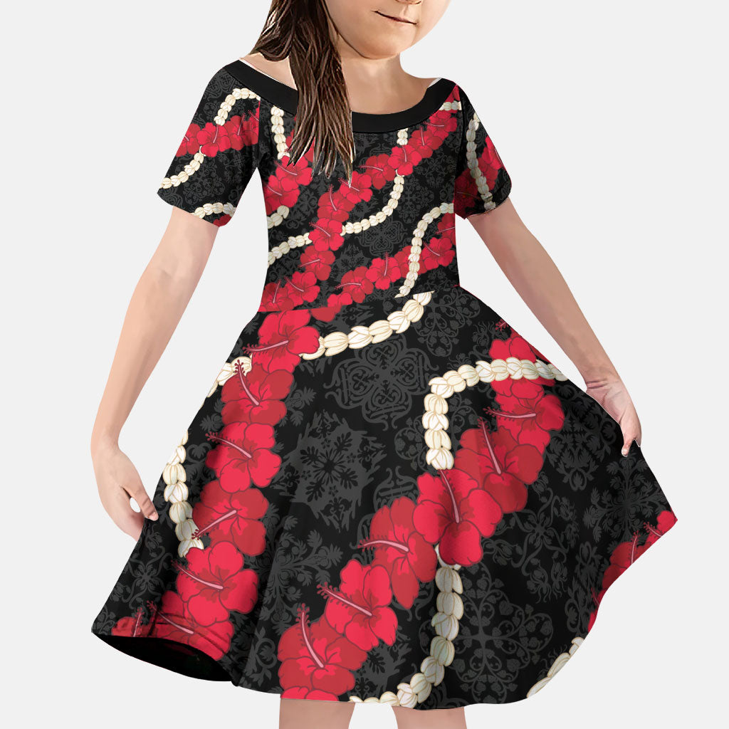 Aloha Ula'ula Hibiscus Pikake Lei Family Matching Off The Shoulder Long Sleeve Dress and Hawaiian Shirt Hawaiian Quilt Pattern LT9 Daughter's Dress Black - Polynesian Pride