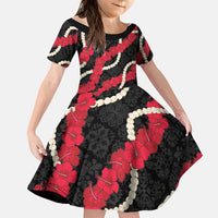 Aloha Ula'ula Hibiscus Pikake Lei Family Matching Off Shoulder Maxi Dress and Hawaiian Shirt Hawaiian Quilt Pattern LT9 Daughter's Dress Black - Polynesian Pride