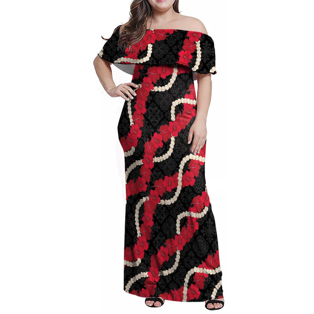 Aloha Ula'ula Hibiscus Pikake Lei Family Matching Off Shoulder Maxi Dress and Hawaiian Shirt Hawaiian Quilt Pattern LT9 Mom's Dress Black - Polynesian Pride