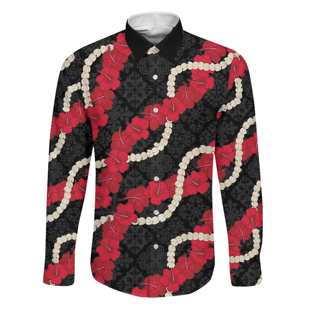 Aloha Ula'ula Hibiscus Pikake Lei Family Matching Short Sleeve Bodycon Dress and Hawaiian Shirt Hawaiian Quilt Pattern LT9 Dad's Shirt - Long Sleeve Black - Polynesian Pride