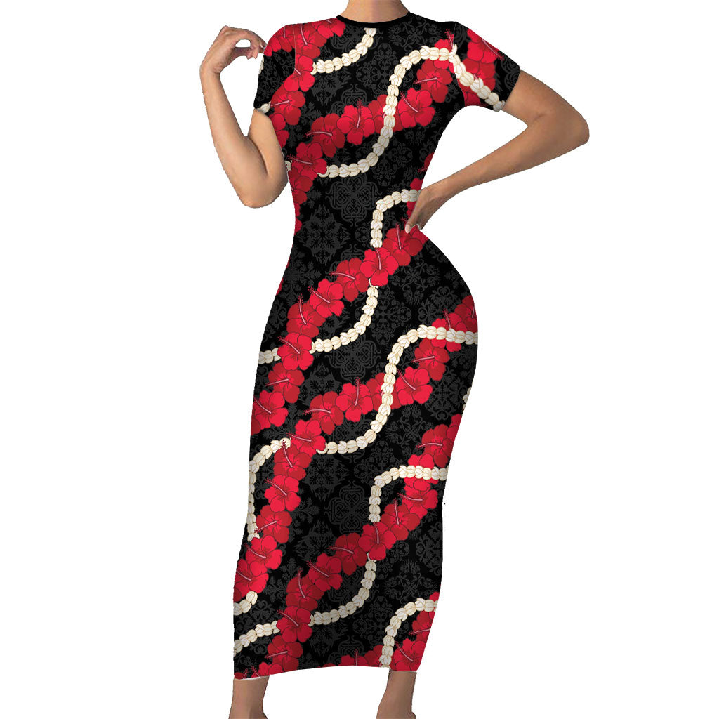 Aloha Ula'ula Hibiscus Pikake Lei Family Matching Short Sleeve Bodycon Dress and Hawaiian Shirt Hawaiian Quilt Pattern LT9 Mom's Dress Black - Polynesian Pride