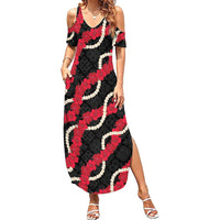 Aloha Ula'ula Hibiscus Pikake Lei Family Matching Summer Maxi Dress and Hawaiian Shirt Hawaiian Quilt Pattern LT9 Mom's Dress Black - Polynesian Pride