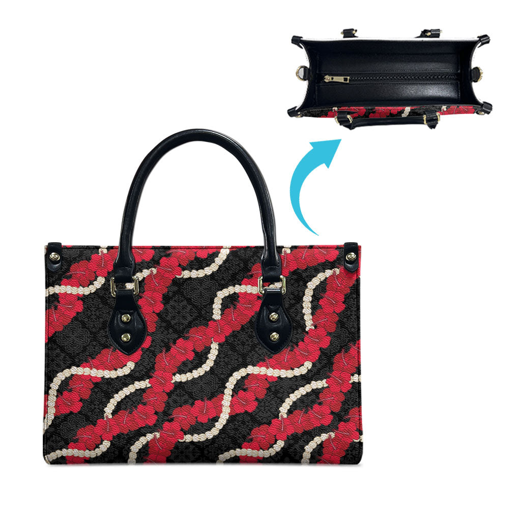 Aloha Ula'ula Hibiscus Pikake Lei Leather Bag Hawaiian Quilt Pattern LT9 - Polynesian Pride