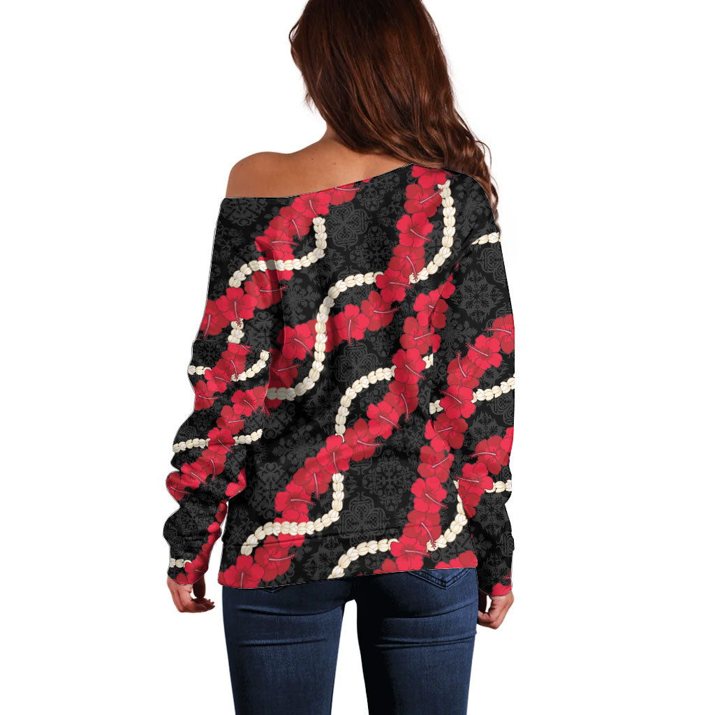 Aloha Ula'ula Hibiscus Pikake Lei Off Shoulder Sweater Hawaiian Quilt Pattern LT9 - Polynesian Pride