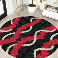 Aloha Ula'ula Hibiscus Pikake Lei Round Carpet Hawaiian Quilt Pattern LT9 Black - Polynesian Pride