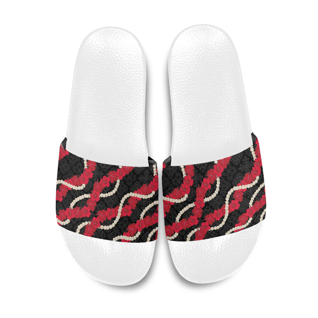Aloha Ula'ula Hibiscus Pikake Lei Slide Sandals Hawaiian Quilt Pattern LT9 Black - Polynesian Pride