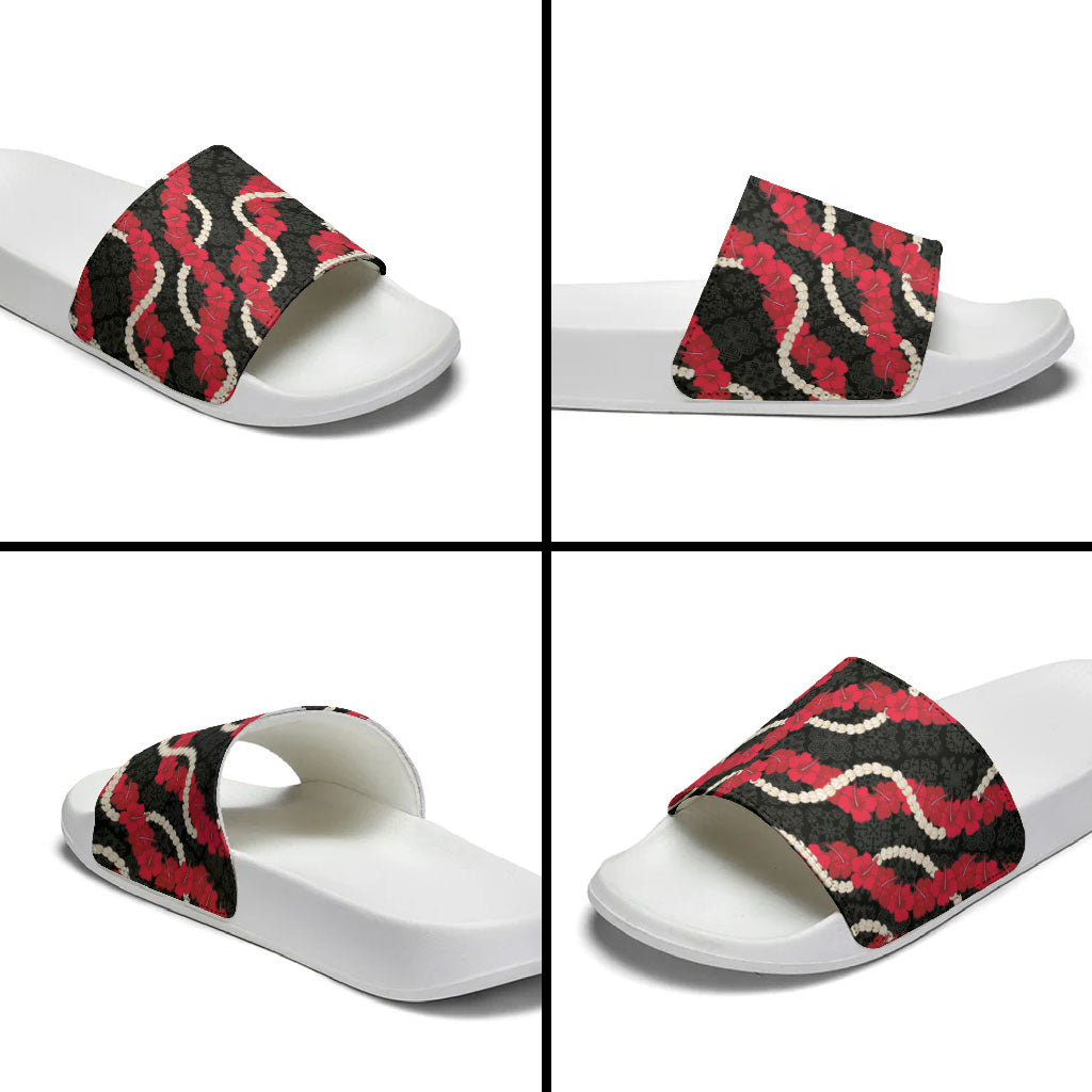 Aloha Ula'ula Hibiscus Pikake Lei Slide Sandals Hawaiian Quilt Pattern LT9 - Polynesian Pride