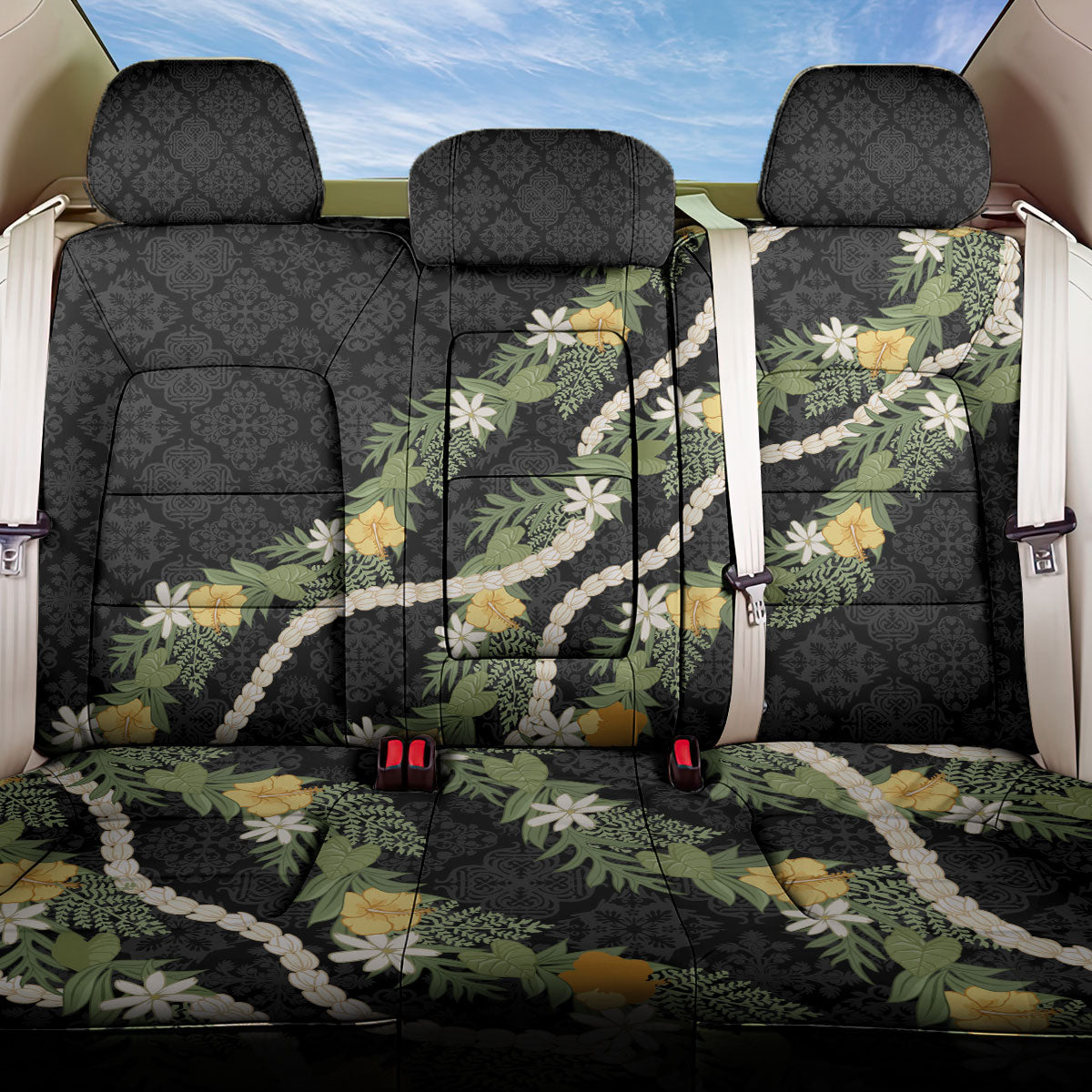 Puakenikeni Anthurium Pikake Lei Back Car Seat Cover Hawaiian Quilt Pattern LT9 One Size Black - Polynesian Pride