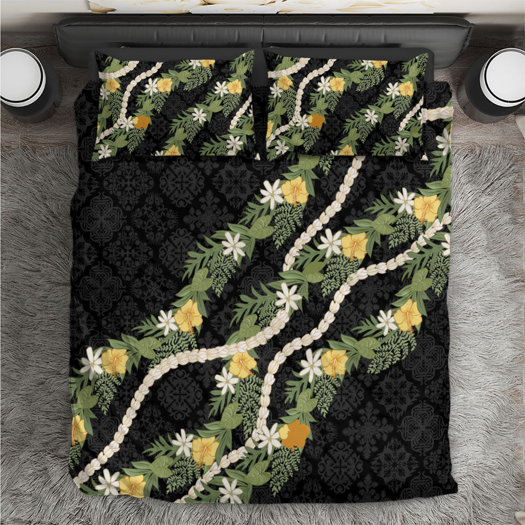 Puakenikeni Anthurium Pikake Lei Bedding Set Hawaiian Quilt Pattern LT9 Black - Polynesian Pride