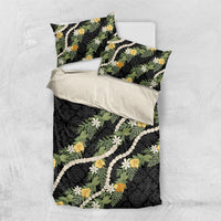 Puakenikeni Anthurium Pikake Lei Bedding Set Hawaiian Quilt Pattern LT9 US Twin 172cm x 218cm Black - Polynesian Pride