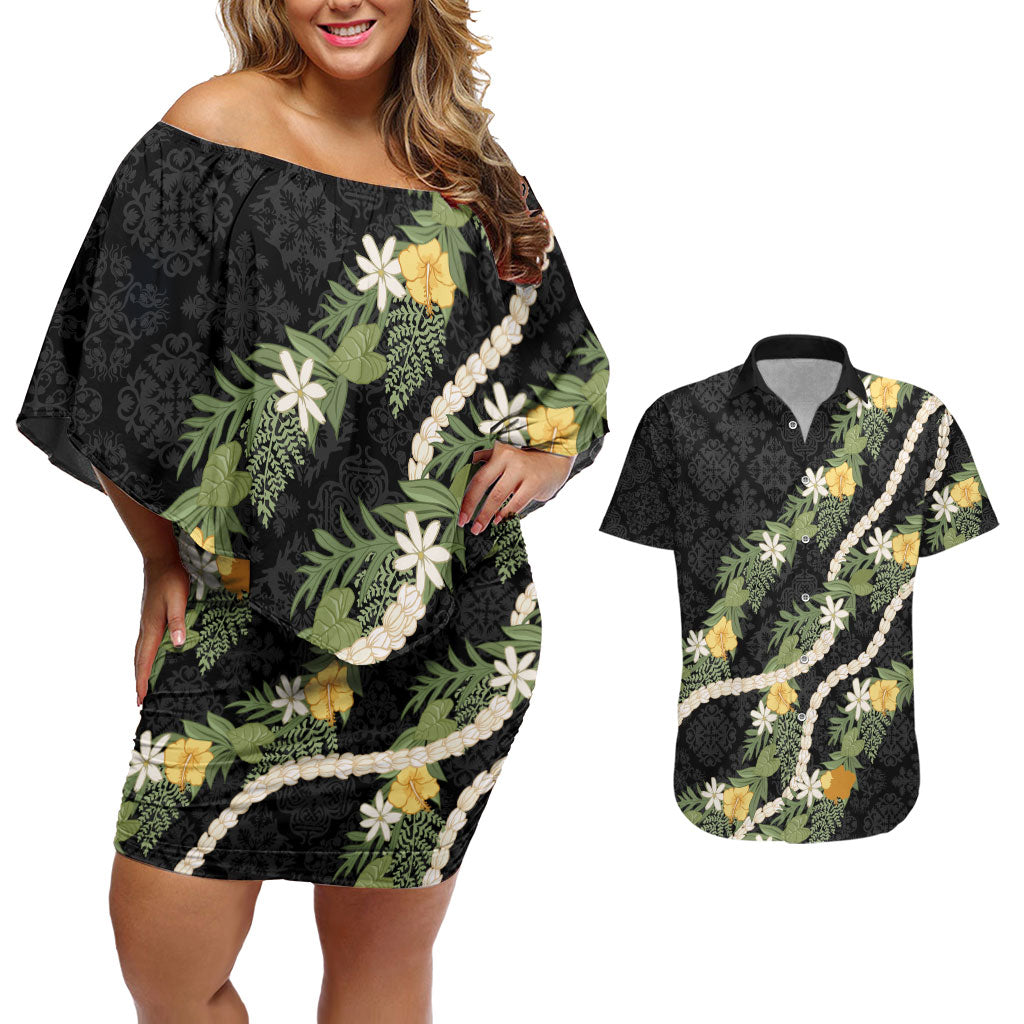 Puakenikeni Anthurium Pikake Lei Couples Matching Off Shoulder Short Dress and Hawaiian Shirt Hawaiian Quilt Pattern LT9 Black - Polynesian Pride