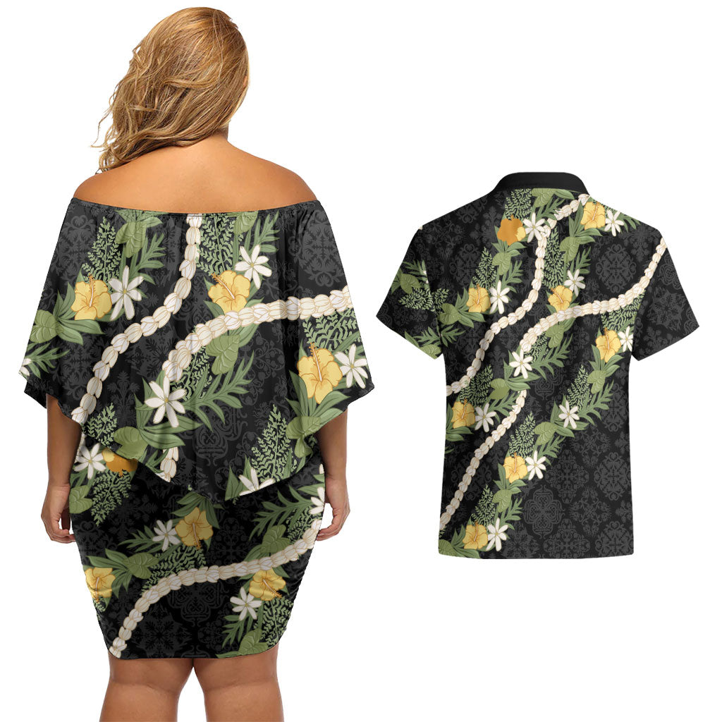 Puakenikeni Anthurium Pikake Lei Couples Matching Off Shoulder Short Dress and Hawaiian Shirt Hawaiian Quilt Pattern LT9 - Polynesian Pride