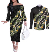 Puakenikeni Anthurium Pikake Lei Couples Matching Off The Shoulder Long Sleeve Dress and Long Sleeve Button Shirt Hawaiian Quilt Pattern