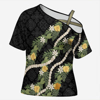 Puakenikeni Anthurium Pikake Lei Cross Shoulder Shirt Hawaiian Quilt Pattern LT9 Female Black - Polynesian Pride