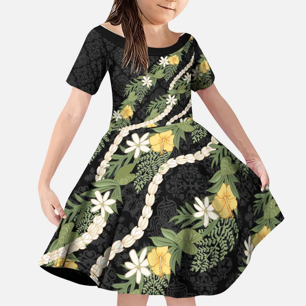 Puakenikeni Anthurium Pikake Lei Family Matching Long Sleeve Bodycon Dress and Hawaiian Shirt Hawaiian Quilt Pattern LT9 Daughter's Dress Black - Polynesian Pride