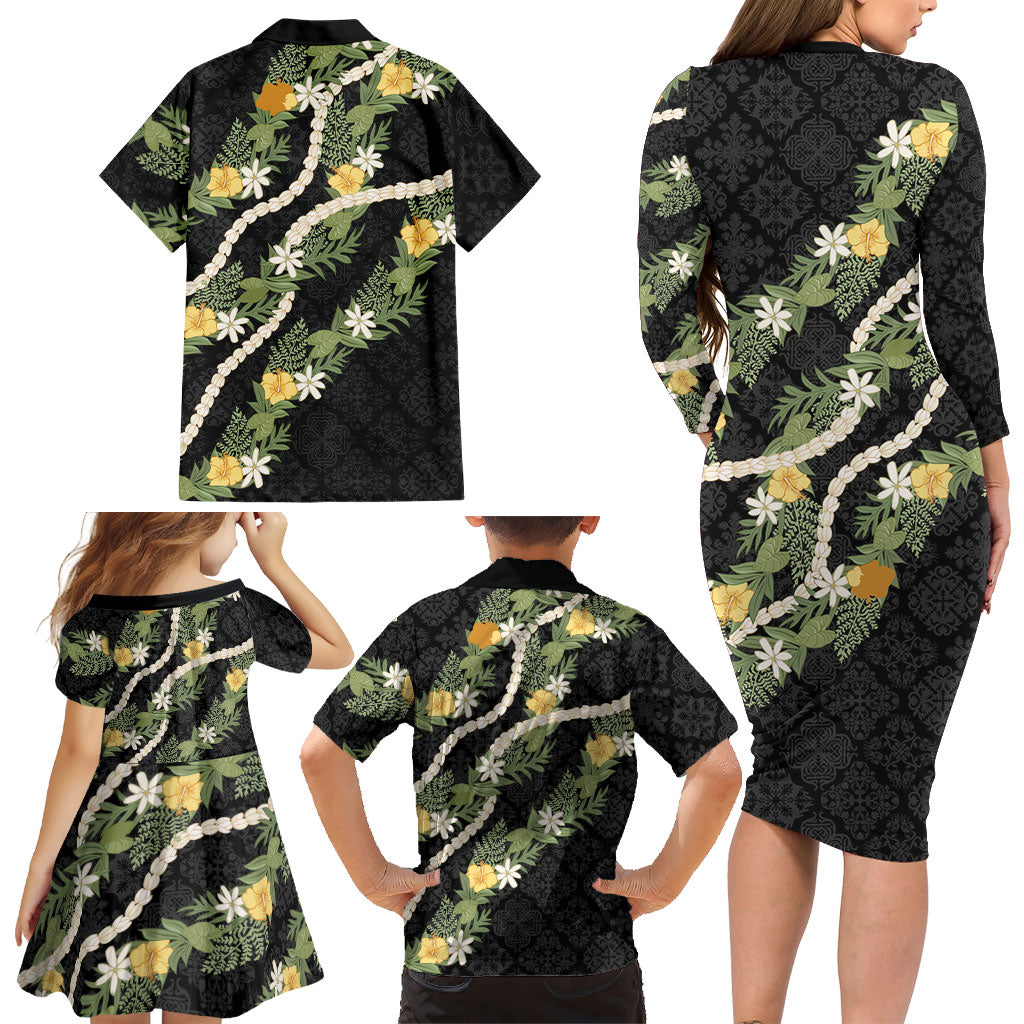 Puakenikeni Anthurium Pikake Lei Family Matching Long Sleeve Bodycon Dress and Hawaiian Shirt Hawaiian Quilt Pattern LT9 - Polynesian Pride