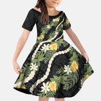 Puakenikeni Anthurium Pikake Lei Family Matching Off The Shoulder Long Sleeve Dress and Hawaiian Shirt Hawaiian Quilt Pattern LT9 Daughter's Dress Black - Polynesian Pride