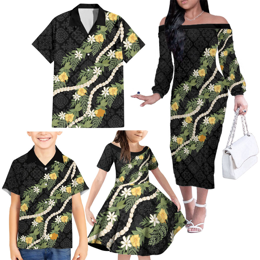 Puakenikeni Anthurium Pikake Lei Family Matching Off The Shoulder Long Sleeve Dress and Hawaiian Shirt Hawaiian Quilt Pattern