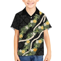 Puakenikeni Anthurium Pikake Lei Family Matching Off The Shoulder Long Sleeve Dress and Hawaiian Shirt Hawaiian Quilt Pattern LT9 Son's Shirt Black - Polynesian Pride