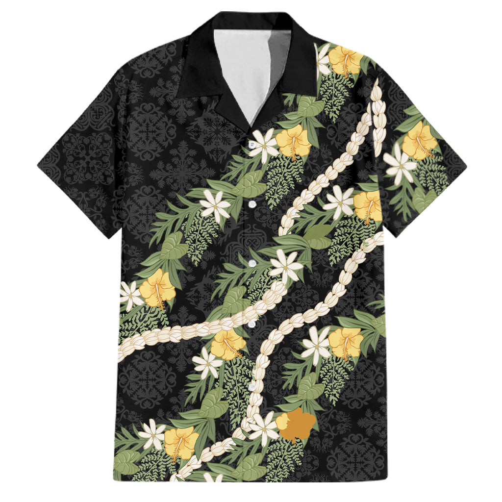 Puakenikeni Anthurium Pikake Lei Family Matching Short Sleeve Bodycon Dress and Hawaiian Shirt Hawaiian Quilt Pattern LT9 Dad's Shirt - Short Sleeve Black - Polynesian Pride