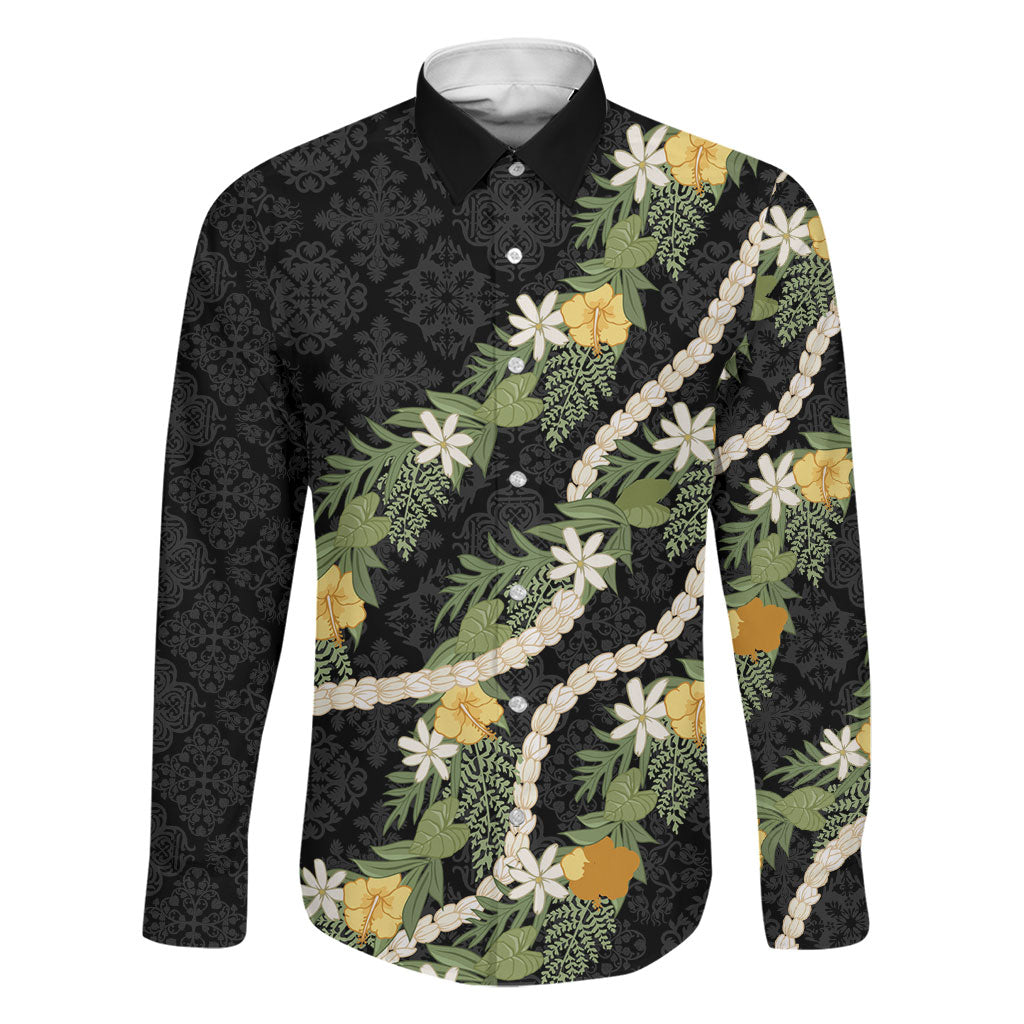 Puakenikeni Anthurium Pikake Lei Family Matching Short Sleeve Bodycon Dress and Hawaiian Shirt Hawaiian Quilt Pattern LT9 Dad's Shirt - Long Sleeve Black - Polynesian Pride