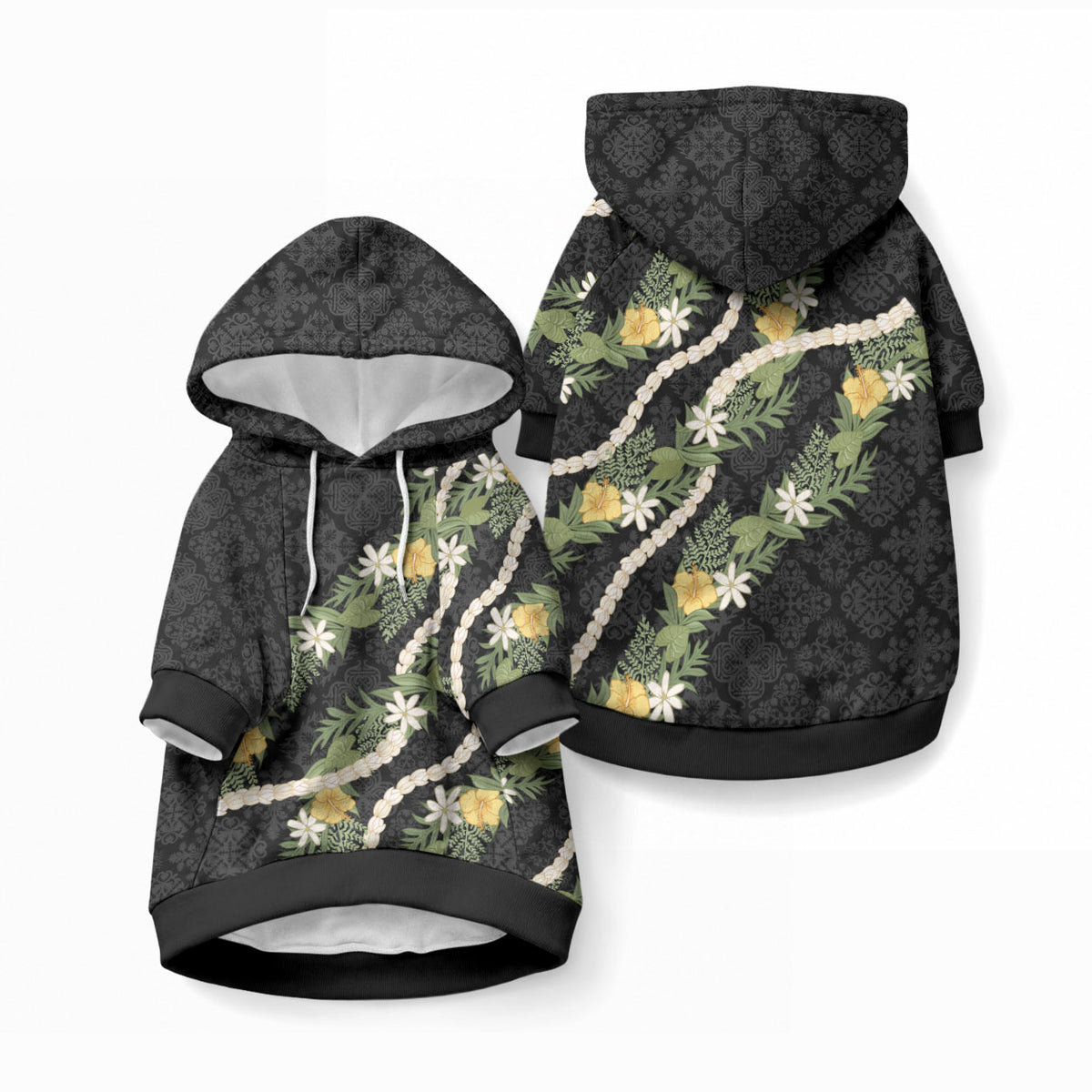 Puakenikeni Anthurium Pikake Lei Pet Hoodie Hawaiian Quilt Pattern LT9 Pullover Black - Polynesian Pride