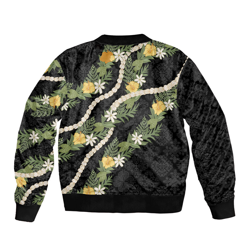 Puakenikeni Anthurium Pikake Lei Sleeve Zip Bomber Jacket Hawaiian Quilt Pattern