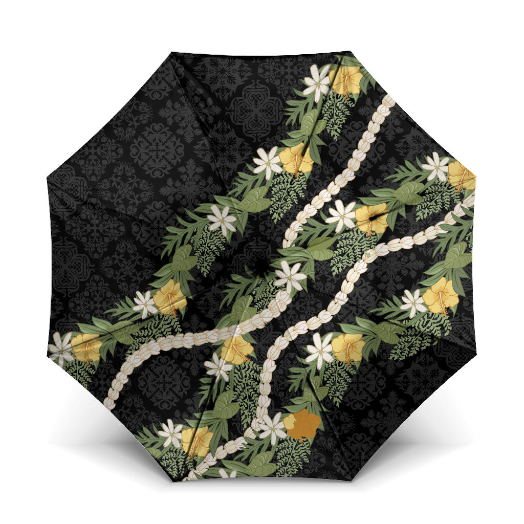 Puakenikeni Anthurium Pikake Lei Umbrella Hawaiian Quilt Pattern LT9 One Size Folded 11.42 inch Opened Diameter 37.4 inch Black - Polynesian Pride