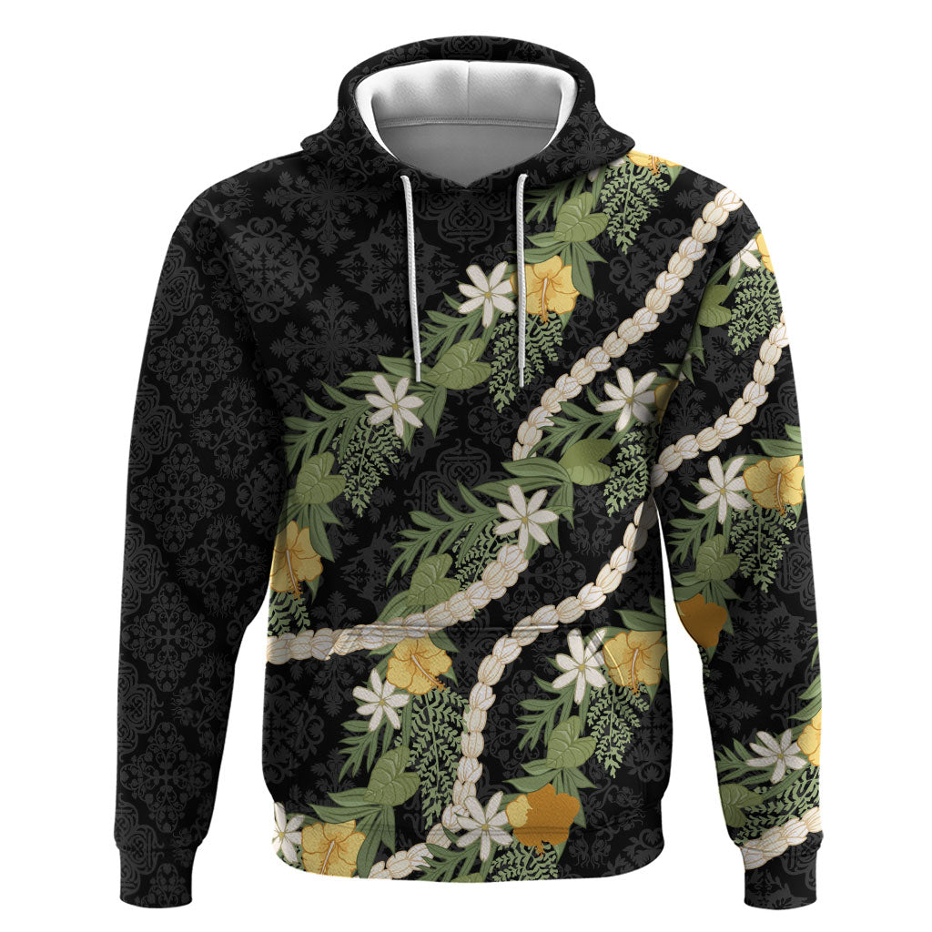 Puakenikeni Anthurium Pikake Lei Zip Hoodie Hawaiian Quilt Pattern LT9 Pullover Hoodie Black - Polynesian Pride