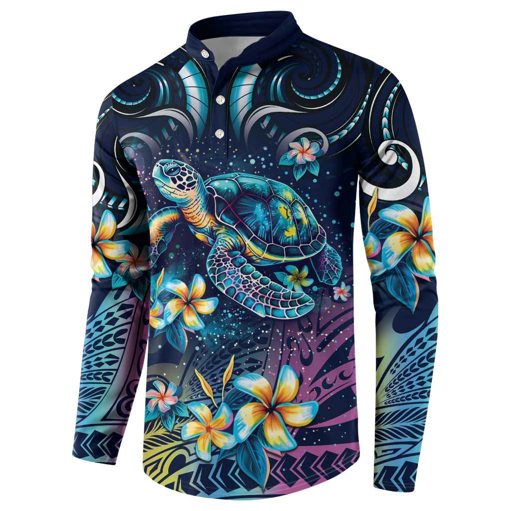 Plumeria Turtles Traditional Tribal Button Sweatshirt