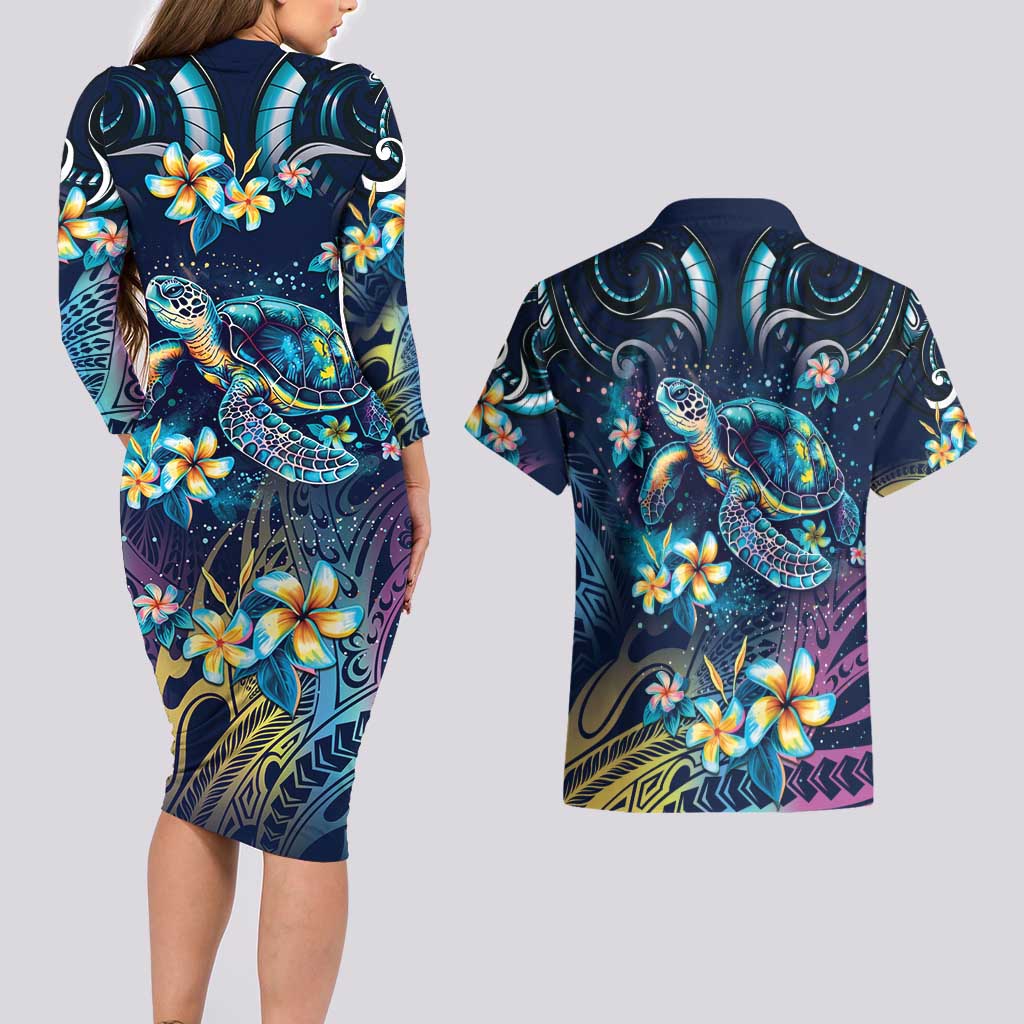 Plumeria Turtles Traditional Tribal Couples Matching Long Sleeve Bodycon Dress and Hawaiian Shirt