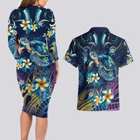 Plumeria Turtles Traditional Tribal Couples Matching Long Sleeve Bodycon Dress and Hawaiian Shirt
