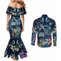 Plumeria Turtles Traditional Tribal Couples Matching Mermaid Dress and Long Sleeve Button Shirt