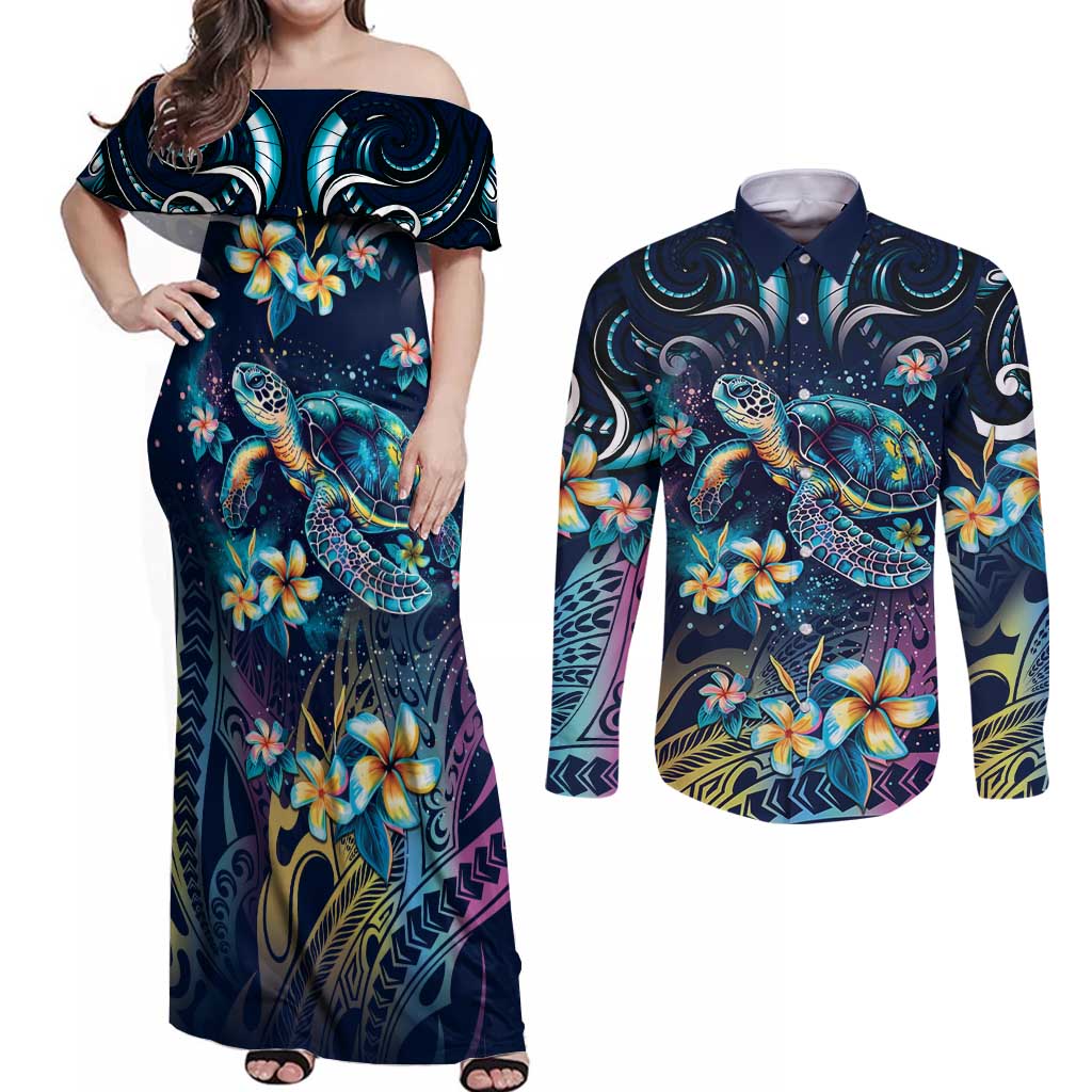 Plumeria Turtles Traditional Tribal Couples Matching Off Shoulder Maxi Dress and Long Sleeve Button Shirt