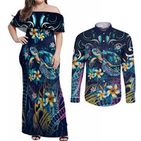 Plumeria Turtles Traditional Tribal Couples Matching Off Shoulder Maxi Dress and Long Sleeve Button Shirt