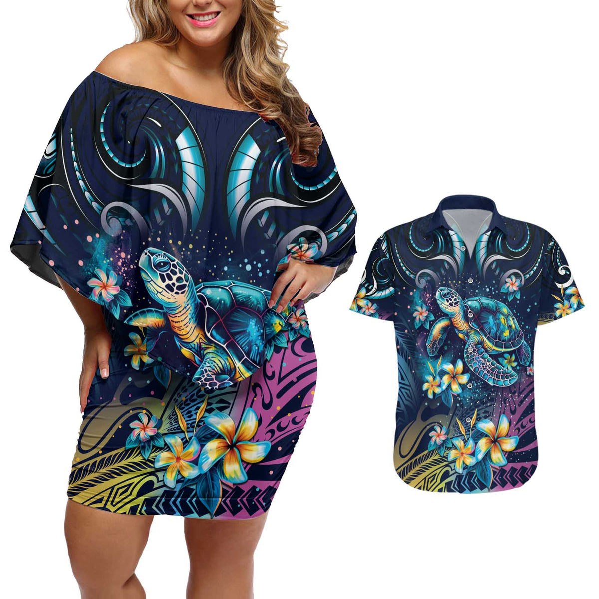 Plumeria Turtles Traditional Tribal Couples Matching Off Shoulder Short Dress and Hawaiian Shirt
