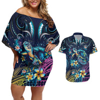 Plumeria Turtles Traditional Tribal Couples Matching Off Shoulder Short Dress and Hawaiian Shirt