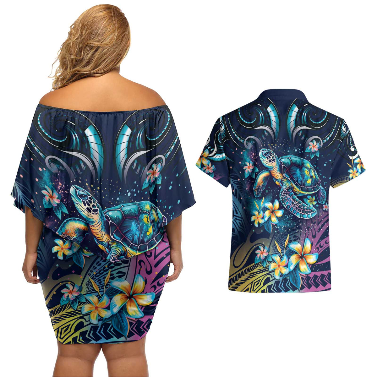 Plumeria Turtles Traditional Tribal Couples Matching Off Shoulder Short Dress and Hawaiian Shirt